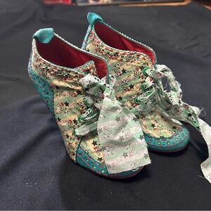 Irregular Choice Teal and Cream Floral Wedge Booties